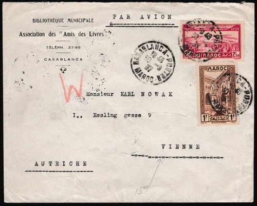 Morocco Cover 1937 3F50c Postage Casablanca to Vienna Austria Red W Z3610 - 第 1/8 張圖片