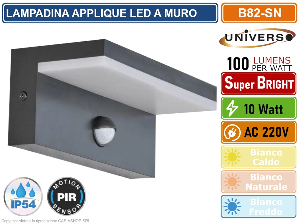 APPLIQUE LAMPADA LED DA MURO 10W WALL LIGHT SMD DA ESTERNO IP54 CON SENSORE PIR - Immagine 3 di 4