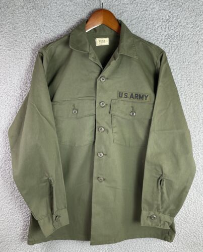 Vintage US Military OG 507 Green Utility Dura Press Combat Button Shirt 15.5x33