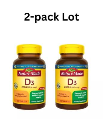2 Pack Lot Nature Made D3 2000 IU Teeth Bone Immune Health 220 ct Tablets 11/25