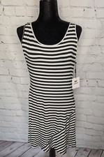 CALVIN KLEIN Black & White Striped Sleeveless Stretch Knit Tank Dress Size 12