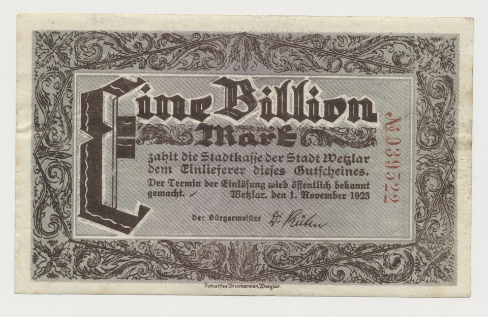 Wetzlar 1 Billion Mark 1. November 1923 Notgeld aus Rheinland ( 1086 - Bild 2 von 3
