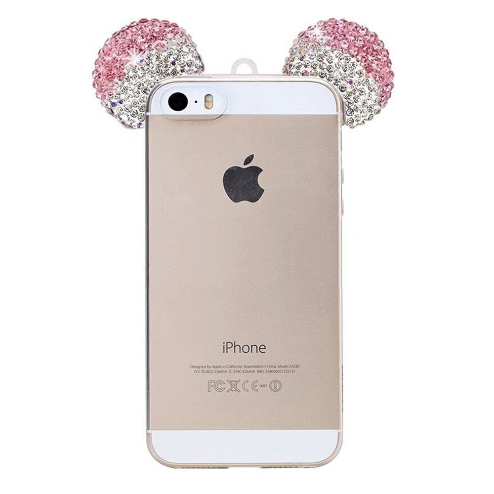 para iPhone 5S/SE 2016 - Rosa diamante diamantes orejas de ratón de goma  funda gomosa