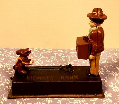 Vintage Cast Iron Hubley? Mechanical Monkey Bank Organ Grinder 