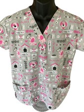 Cassandra O Scrub Top Women's Small Puppy Love Pink Gray White V-Neck