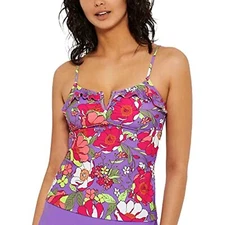 MSRP $30 Hula Honey Womens Floral Ruffle Swim Tankini Top Purple M