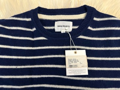 Norse Projects Sigfred Lambswool Blue White Men's Striped Sweater Small 19  PTP