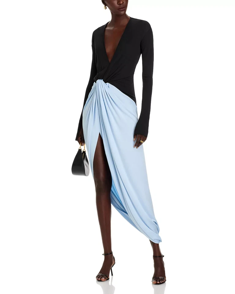 Victoria Beckham Black Blue Long Sleeve Knot-Detail Jersey Gown Size 6 $2195 - Image 2 of 4
