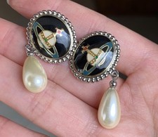 Vivienne Westwood Orb Enamel Button Pearl Earrings Black silver Red Green new