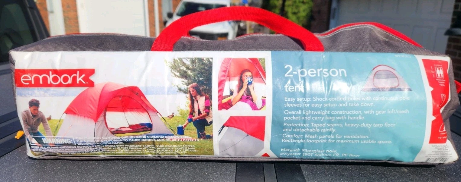 NEW. Embark 2 Person Tent With Bag Red Dome Gray Sides Easy Up