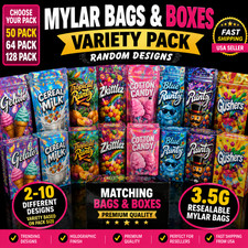 3.5g Mylar Bags Matching Boxes - Trending Assorted Designs 50 64 128 Pack USA