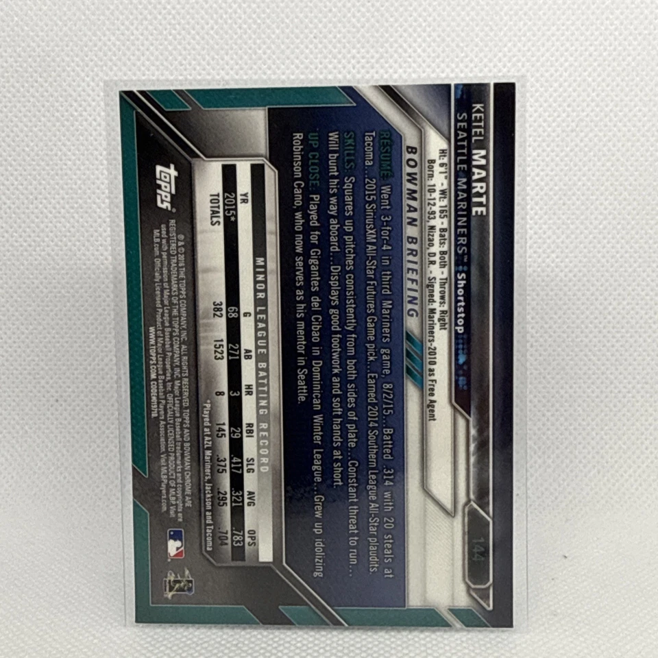 2016 Bowman Chrome - Bowman Base Chrome Rookies Ketel Marte #144 (RC) - Image 2 of 2