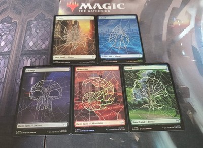 Mtg. Full Art Basic Land Set Of 5. Foil. Spider Web Lands. Marvel's Spider-Man. 