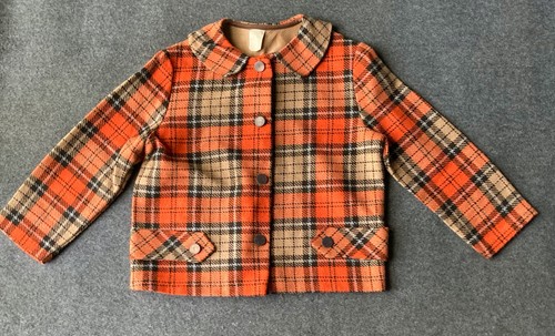 Vintage Plaid Jacket Orange Brown Tan 4 Button Boys Youth Size 12 Collar