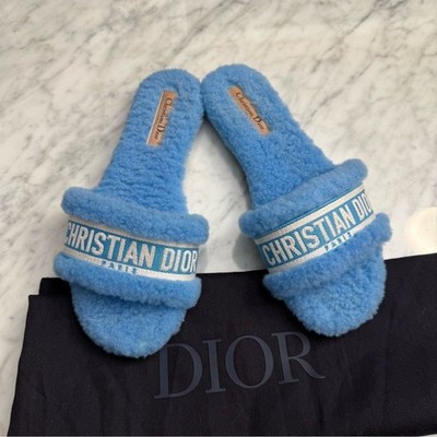 Dior Chez Moi Slide Bright Blue Embroidered Cotton Shearling sandals 38/US 7,5