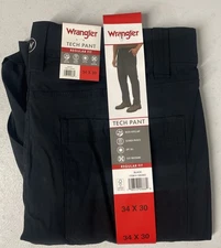 WRANGLER Mens Regular Fit Tech Pant UPF50 Water Repel BLACK Zip Pockets 34x30