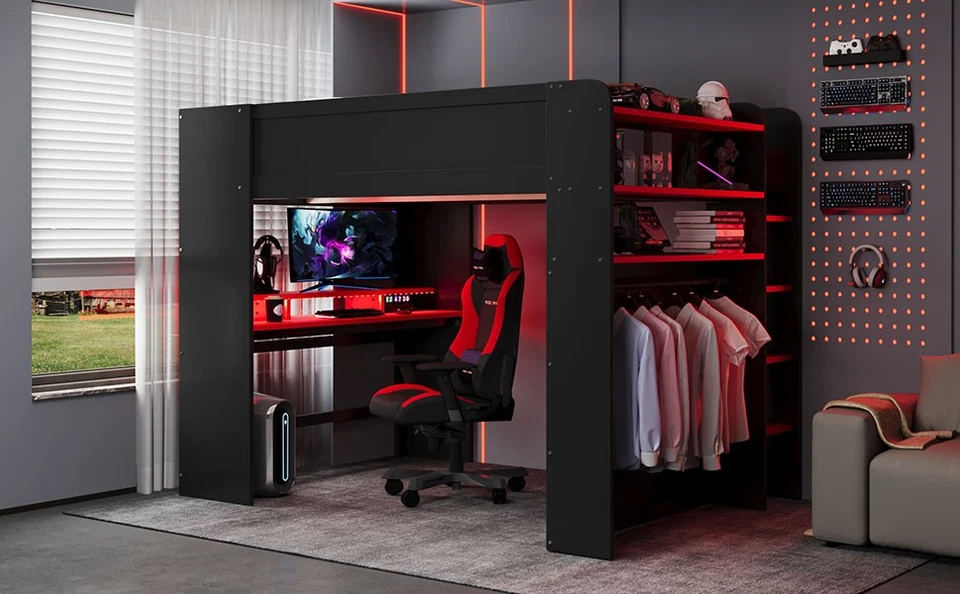 Litera de madera de tamaño completo con escritorio ajustable en altura, armario, amplio espacio de almacenamiento Foto 4 de 4