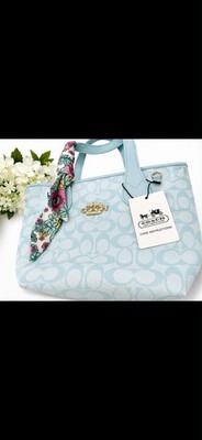 Coach Light Blue Logo Top Handle Satchel Handbag w/ Scarf, Gold Hardware
