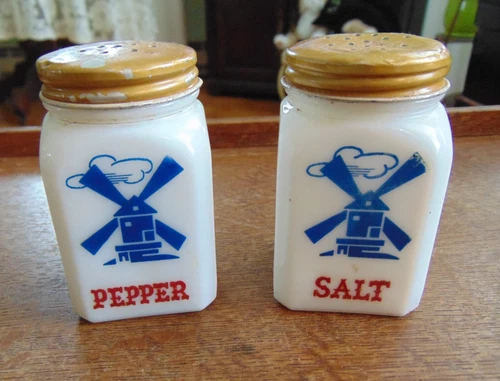MILK GLASS "WINDMILL" SALT & PEPPER SHAKERS--VINTAGE--USA