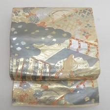 Japanese Kimono Fukuro Obi Silk Heian pattern Gray 166.9inch Women's