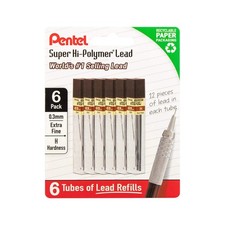 Pentel Super Hi-Polymer Lead Refills, 0.3 mm, H, 72 Pieces 12 pcs per tube, 6 t