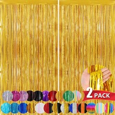 2 Pack Gold Metallic Tinsel Foil Fringe Curtains, 3.3x8.3 Ft, Party Backdrop