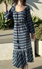Figue Dress L Tiered Maxi Boho Long 100% Silk Blue