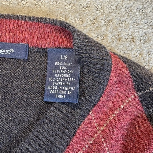 Northern Isles Sweater Mens Large Silk Cashmere Blend Red Brown Argyle Preppy - Picture 5 of 7