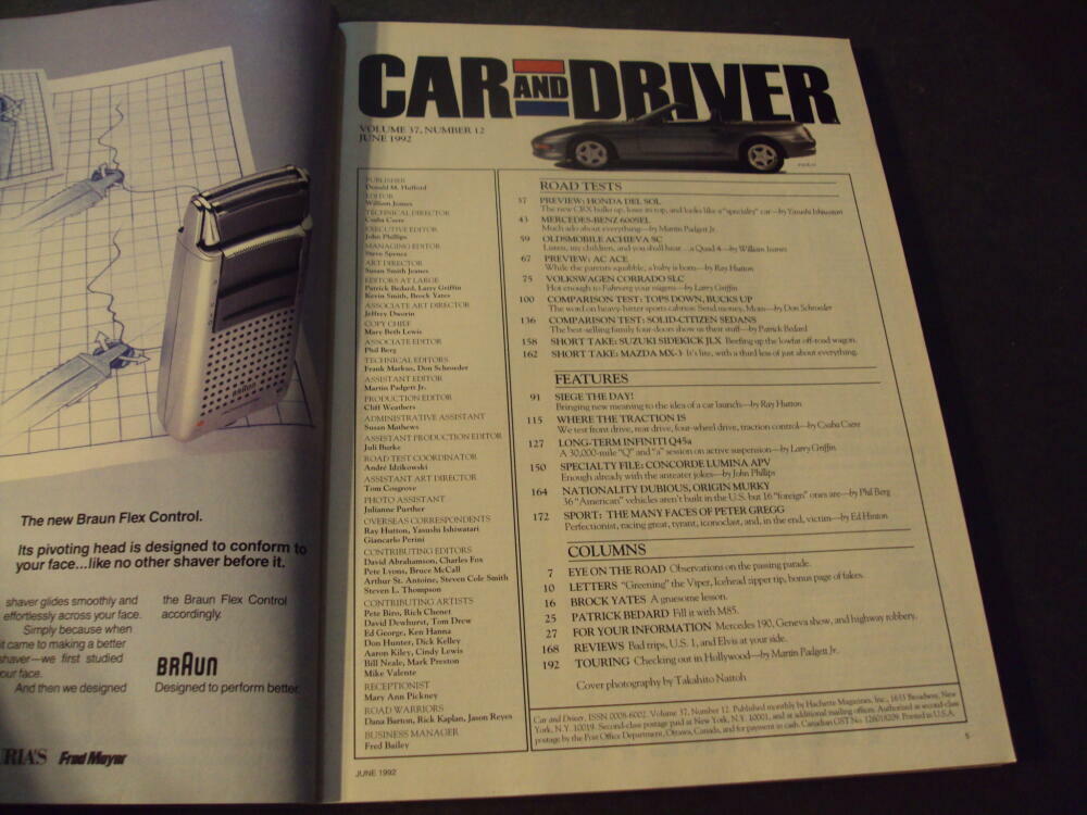 Car And Driver June 1992 Honda CRX, Porsche 968, Corvette