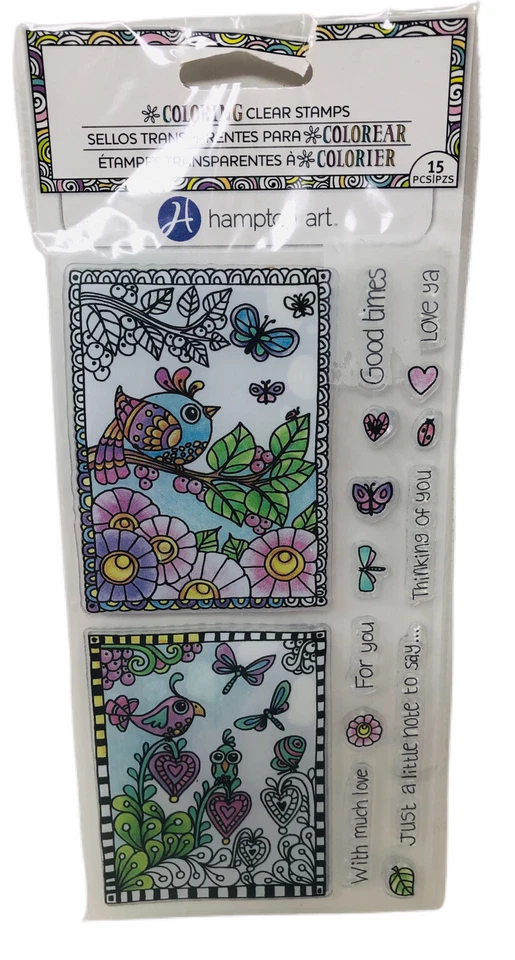 Estampillas acrílicas transparentes para colorear arte Hampton pájaros mariposas flores de amor Foto 2 de 4