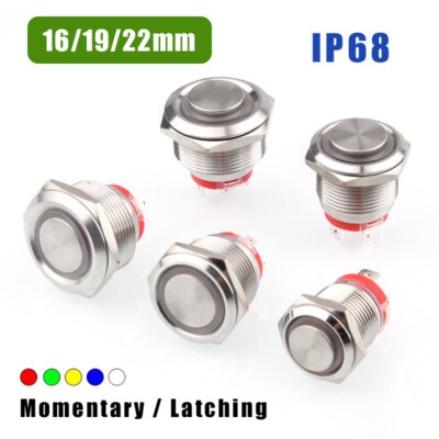 Metal Pushbutton Switch 16/19/22mm IP68 Waterproof Momentary Latching ON/OFF