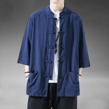 Men Chinese Tai Chi Tang Suit Half Sleeve Shirt Kung Fu Jacket Retro Hanfu Top