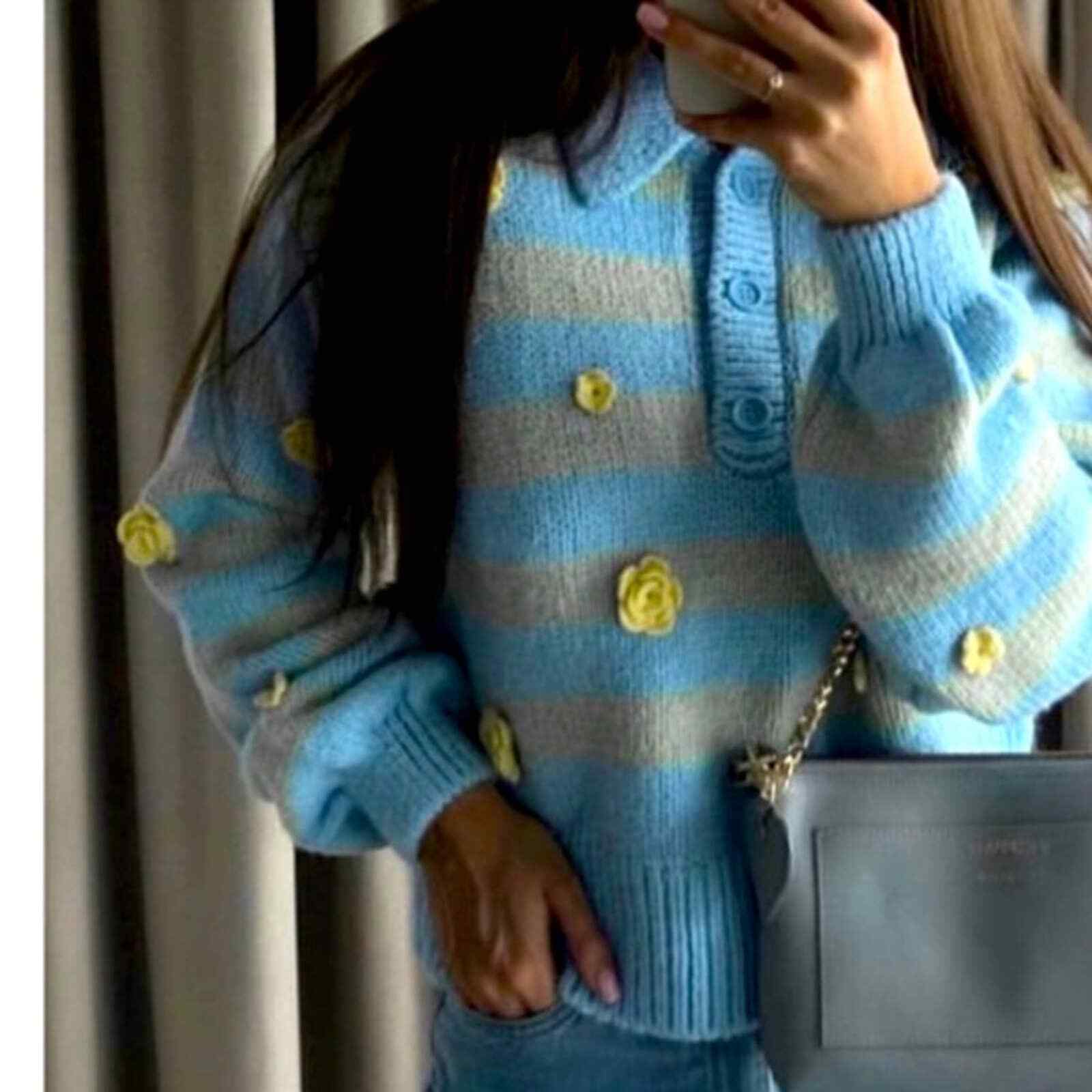 Zara Floral Embroidery Knit Polo Sweater Size Large | eBay