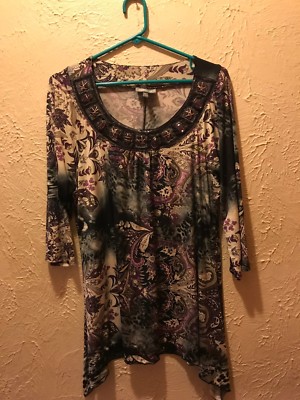 Essentials Women's Tunic Blouse Plus Size 0X Black Gray Multi  Beaded