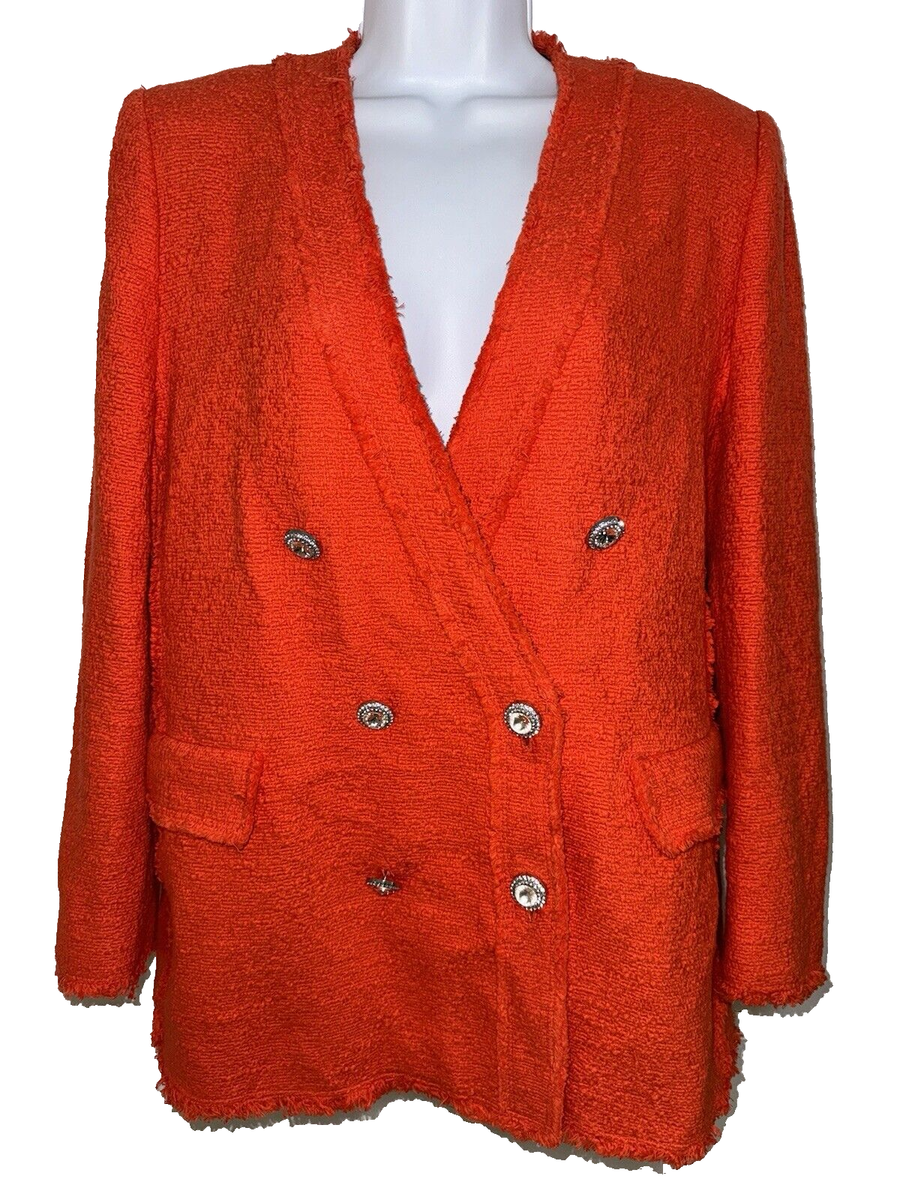 Zara Orange Red Tweed Double Breast Blazer Diamond Button Trinny Blogger  Women L