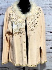 Storybook Knits Sequins, Pearls, Doves Applique Cardigan Vintage L Soft Pink