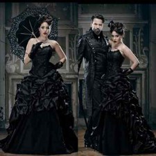 Vintage Gothic Black Wedding Dresses Sweetheart Lace Corset Lace-up Bridal Gowns
