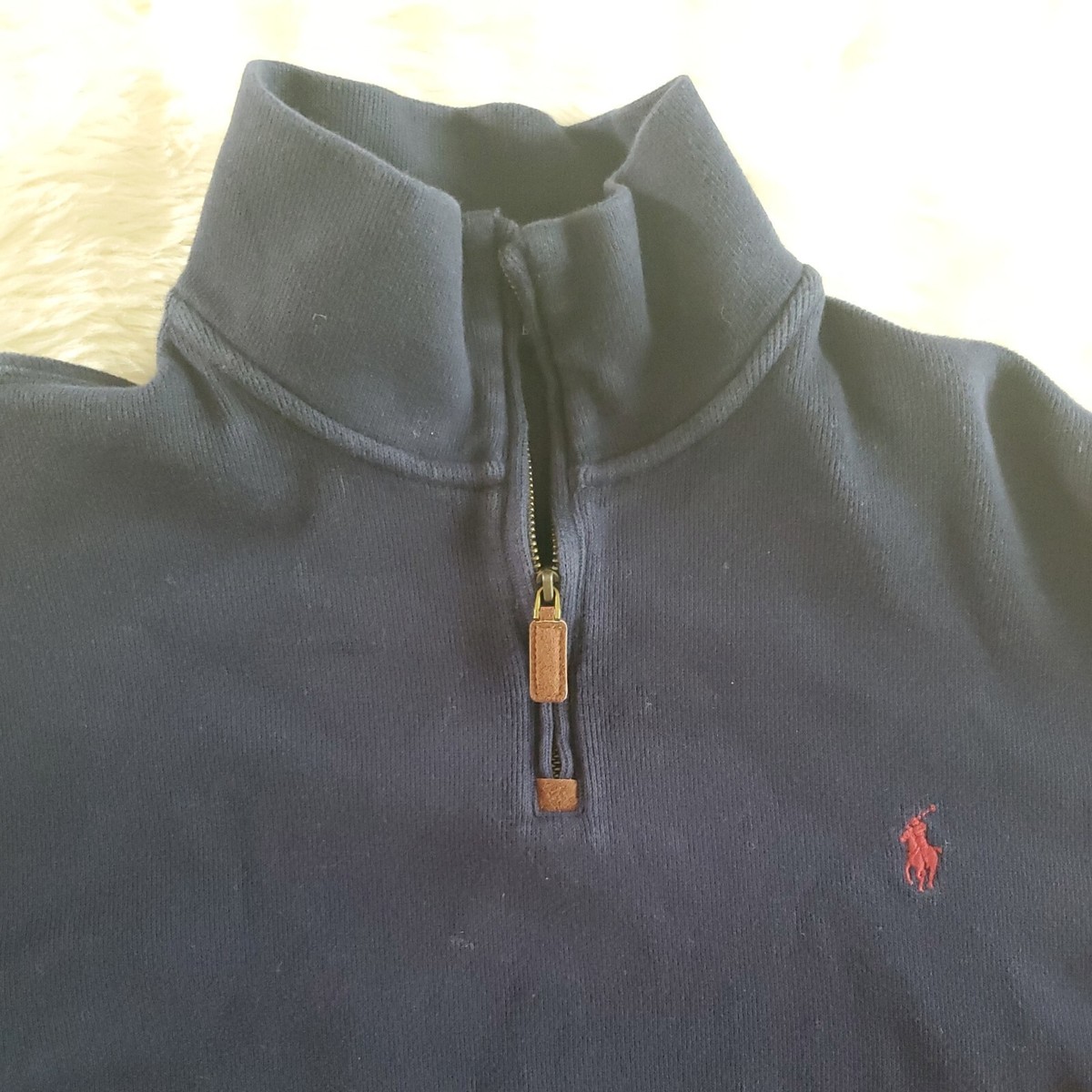 Polo Ralph Lauren Men Rib Knit 1/4 Zip Mock Neck Navy Blue Large