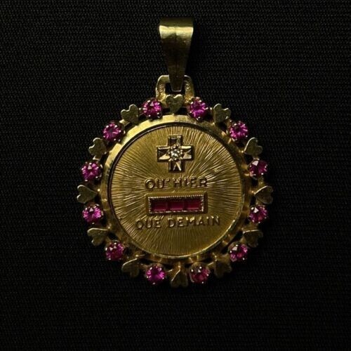 2Ct Round Lab Created Red Ruby Women's Love AUGIS Pendant 14K Yellow Gold Finish - Picture 1 of 5