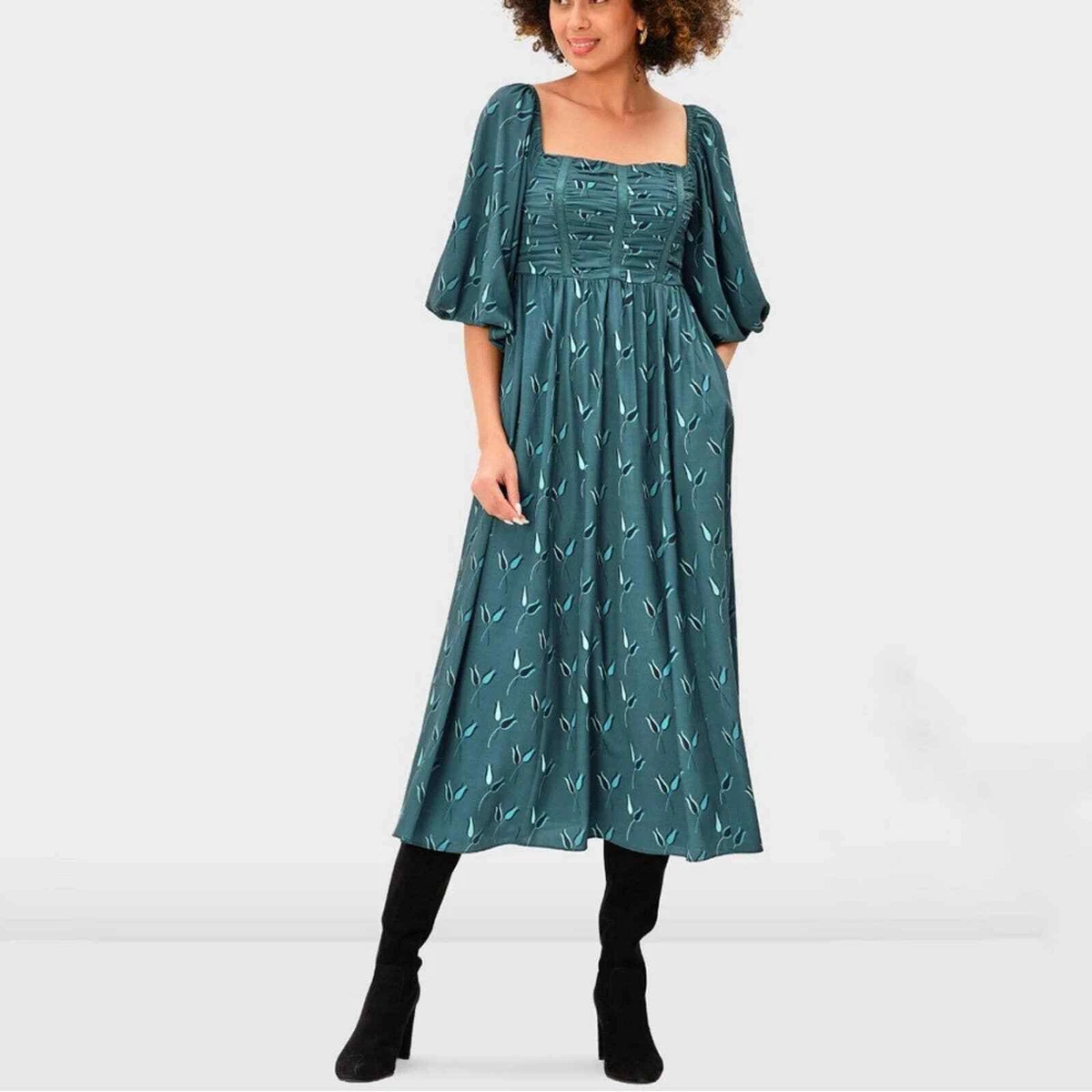 WAYWARD FANCIES ESHAKTI 2X Shirred Tulip Print Crepe Midi Dress