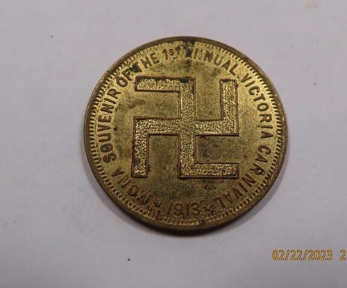Mona Cafe Victoria, B.C. Kanada 1913 Souvenirmedaille Ist Karneval Hakenkreuz V SELTEN