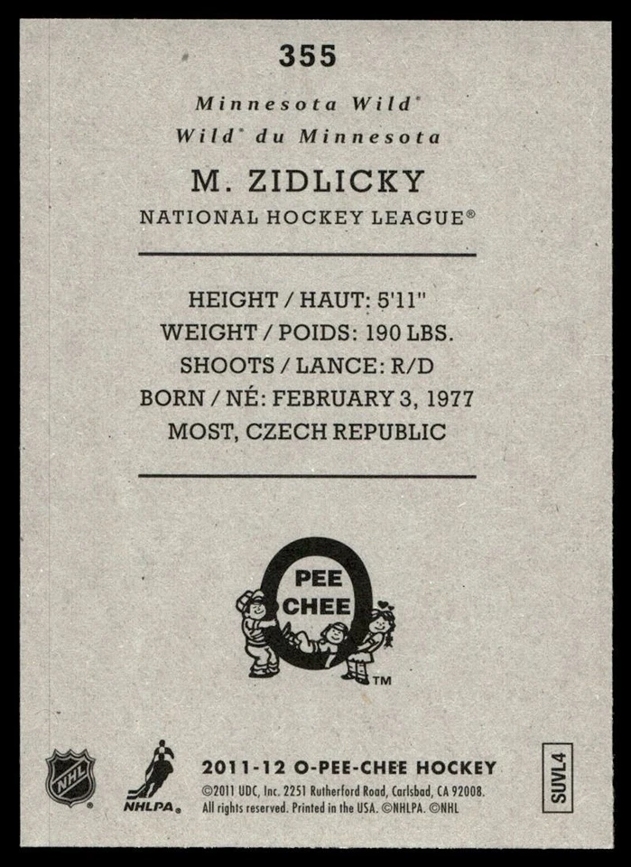 2011-12 O-Pee-Chee Retro Marek Zidlicky Minnesota Wild #355 - Image 2 of 2