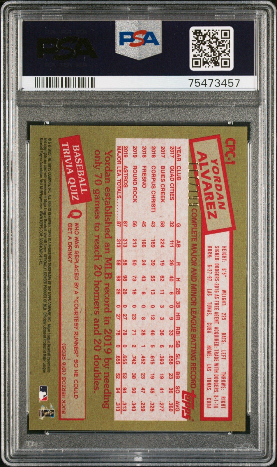 2020 Topps Update Yordan Alvarez Silver Pack Black Refractor /199 Rookie PSA 9 view 2