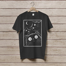 Camisa retro negra gato luna, divertida camiseta gato, retro gatito camisa, amante de los gatos