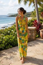 Vtg 1970s hawaiian boho coastal watercolor floral halter maxi dress