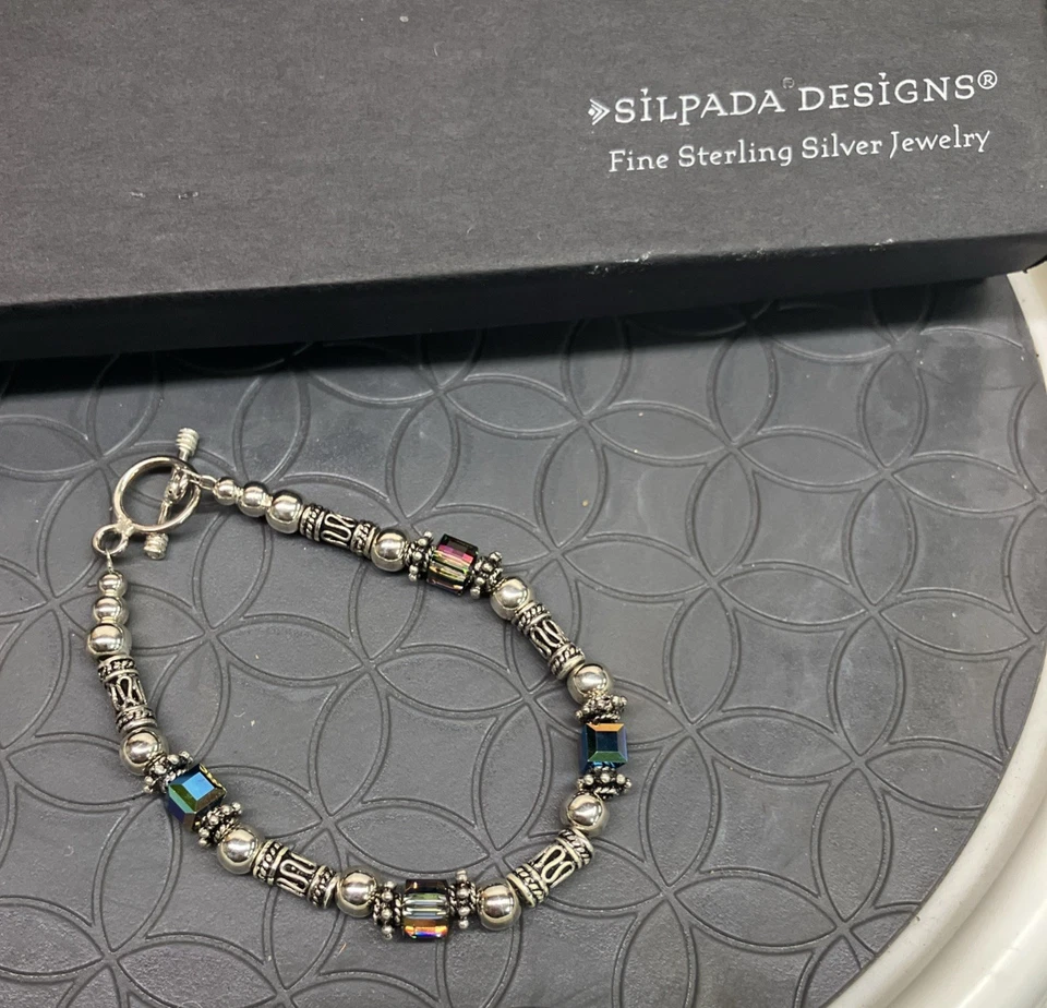 Pulsera de palanca ajustable con cuentas de plata de ley de cristal Silpada caja brillante Foto 2 de 4