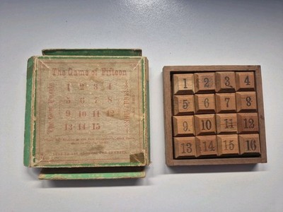 Antikes The Game of Fifteen Gem Puzzle Holz Schiebepuzzle 10x10cm OVP #6