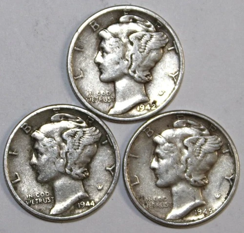 (3) Mercury Dimes - Very Fine/Extra Fine - 1942P 1944P 1945P - #2074ED