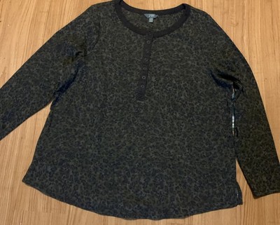 Terra & Sky NEW 2X (20x22) Leopard Green L/S Pullover Mesh Snap 1/4  Top NWT 026