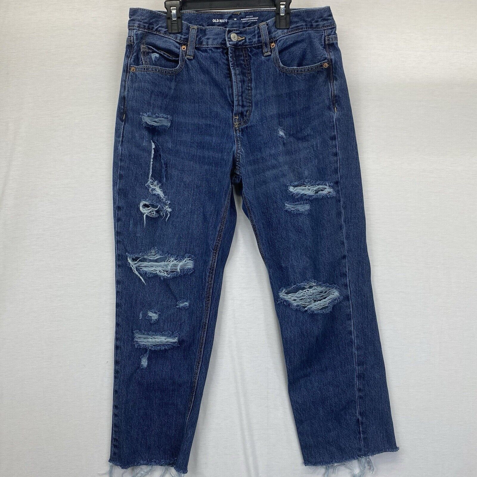 Old Navy Womens Size 10 Blue Slouchy Straight High Rise Distressed Stretch Jeans